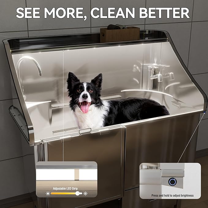 50'' Dog Washing Station - 304 Stainless Steel, LED Dog Bathing Station with Ramp, 2 Drawer, Floor Grate & Lick Pad for Large, Medium & Small Dogs-PawvioPets