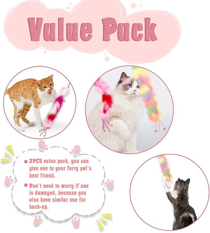 2 Pack Cat Wand Toy, Rainbow Cat Feather Toys with Bells, Teaser Wand with Soft Furry Tail, Interactive Toys for Indoor Cats & Kitten & Kitty-PawvioPets