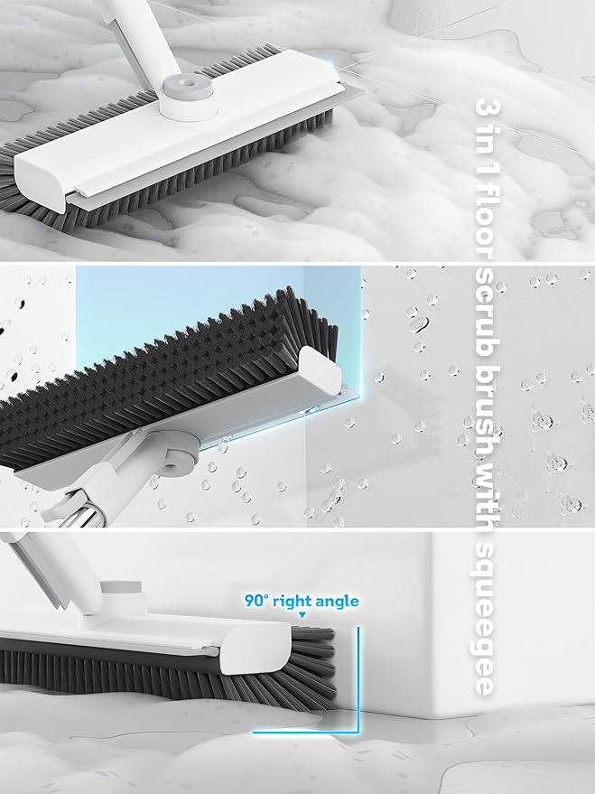 Floor Scrub Brush with Long Handle, 3 in 1 Scrape and Heavy-Duty Stiff Bristle Floor Scrubber Brush with Squeegee and Tweezer for Cleaning Tile Wall Deck Bathroom Patio Garage Kitchen (White)-PawvioPets