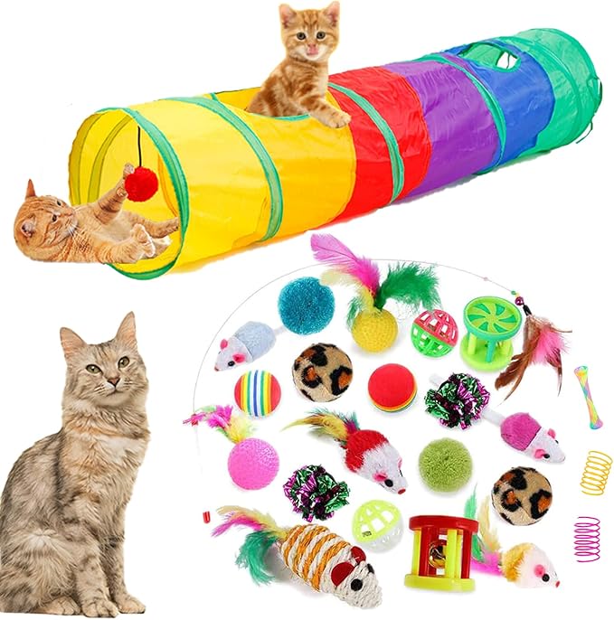 32Pcs Cat Toys Kitten Interactive Pet Toys Assortments, Foldable Rainbow Tunnel, Cat Feather Teaser Wand Interactive Feather Toy Fluffy Mouse Crinkle Balls Bell Play for Cat Puppy Kitty Kitten(2 way)-PawvioPets