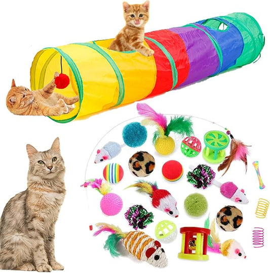 32Pcs Cat Toys Kitten Interactive Pet Toys Assortments, Foldable Rainbow Tunnel, Cat Feather Teaser Wand Interactive Feather Toy Fluffy Mouse Crinkle Balls Bell Play for Cat Puppy Kitty Kitten(2 way)-PawvioPets