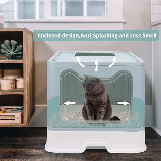 Foldable Cat Litter Box with Lid, Enclosed Potty, Large Top Entry Anti-Splashing Toilet, Easy to Clean Including Litter Scoop and 2-in-1 Cleaning Brush (Blue)-PawvioPets