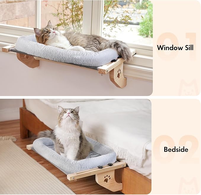 AMOSIJOY Cat Sill Window Perch Sturdy Hammock Window Seat with Cushion Cover, Wood & Metal Frame for Large Cats, Easy to Adjust Cat Bed for Windowsill, Bedside, Drawer and Cabinet (L)-PawvioPets