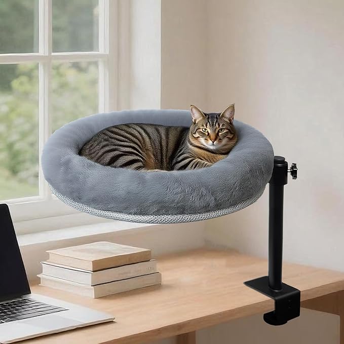Cat Desk Bed with Summer Colling Mat, 360° Rotating & Height Adjustable Indoor Cat Nest, Large Desktop Cats Perch for Home Offcice Space Saving, Supports Up to 40 lbs, Machine Washable Removable Cover-PawvioPets