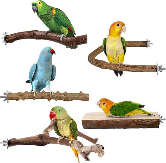 Bird Perches, 5pcs Natural Wood Birds Stand Branch, Bird Perch Chewing Stick Cage Accessories Parrot Climbing Standing Branches Paw Grinding Fork Sets for Cockatiels Ringneck Parrots-PawvioPets