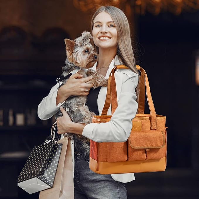 Cat Carrier, Dog Carrier, Pet Carrier, Foldable Waterproof Premium PU Leather Oxford Cloth Dog Purse, Portable Bag Carrier for Small to Medium Cat and Small Dog-Brown-PawvioPets