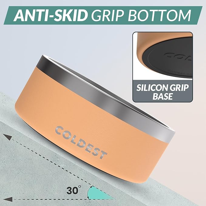 Coldest Dog Bowl - Anti Rust Metal, Non Slip, 3 Layers Insulated Stainless Steel Dog Bowls - Spill Proof & Heavy Duty - Water Bowl for Dogs, Cats & Pets, Dish Washer Safe (100 oz, Sahara Peach)-PawvioPets