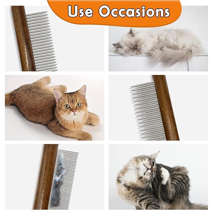3 Pack Solid Wood Cat Combs, Stainless Steel Teeth for Cat Dog Rabbit Massage, Flea Lice Comb Removes Mats, Tangles and Loose Fur, Grooming Comb for Small Medium Pets-PawvioPets