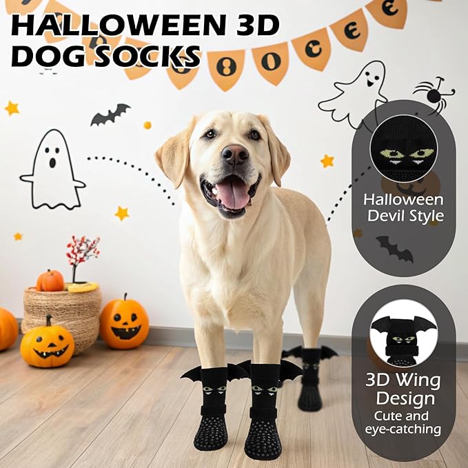 EXPAWLORER Halloween Anti Slip Dog Socks to Prevent Licking Paws, Boots & Paw Protectors with Grippers,Doggie Booties for Hardwood Floors for Small Medium Large Senior Dogs Costume Black Devil Wings M-PawvioPets