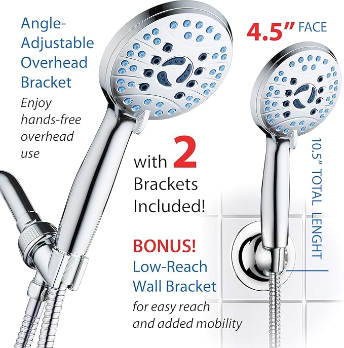 AquaCare High Pressure 8-mode Handheld Shower Head - Anti-clog Nozzles, Built-in Power Wash to Clean Tub, Tile & Pets, Extra Long 6 ft. Stainless Steel Hose, Wall & Overhead Brackets-PawvioPets