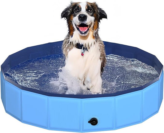 39.5" x 12" Foldable Dog Pool - Collapsible Hard Plastic Kiddie Pool for Dogs & Kids, Non-Slip Pet Bath Tub for Outdoor Backyard Use, Lightweight & Portable (Blue)-PawvioPets