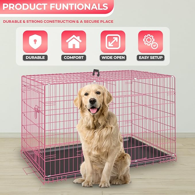 FDW Dog Crate for Large Dogs 48 Inch Folding Metal WirePet Cage Double Door W/Divider Panel Indoor Outdoor Kennel Leak-Proof Plastic Tray,Pink-PawvioPets