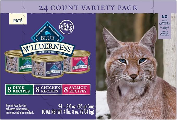 Blue Buffalo Wilderness High Protein, Natural Adult Pate Wet Cat Food Variety Pack, Chicken, Salmon, Duck 3-oz cans (24 Count- 8 of Each Flavor)-PawvioPets
