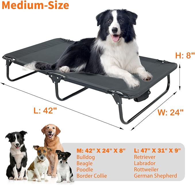 Elevated Dog Bed for Large Pet with No-Slip Feet, Foldable Portable Washable Raised Bed for Indoor&Outdoor Camping Dog Cot, with Cooling Waterproof Breathable Mesh (Medium, Black-Textilene)-PawvioPets