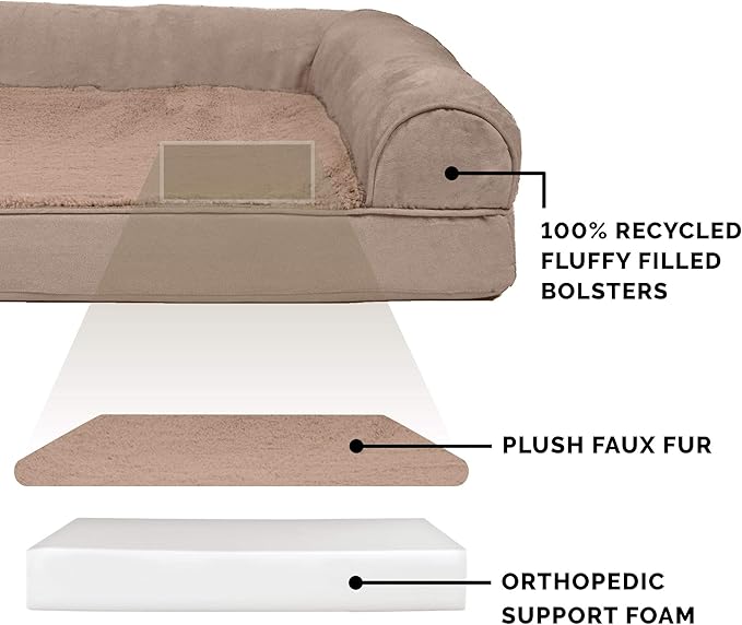 Furhaven Orthopedic Dog Bed for Large Dogs w/ Removable Bolsters & Washable Cover, For Dogs Up to 125 lbs - Plush & Suede Sofa - Almondine, Jumbo Plus/XXL-PawvioPets