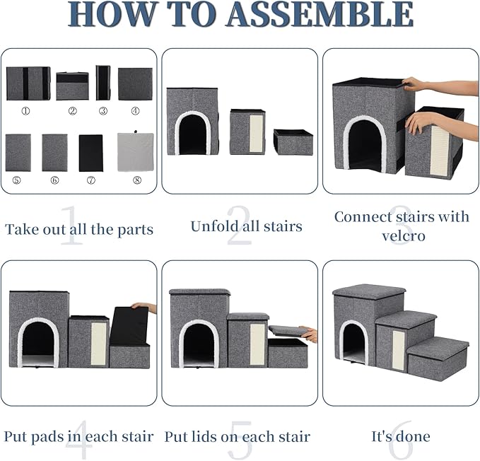 Dog Stairs for High Bed and Couch, 4 IN 1 Foldable Pet Stairs for Cats & Small and Medium Dogs, Adjustable Dog Steps with Pet Climbing Ladders/Cozy Condo/Storage Boxes/Cat Scratcher, Hold Up to 180LBS-PawvioPets
