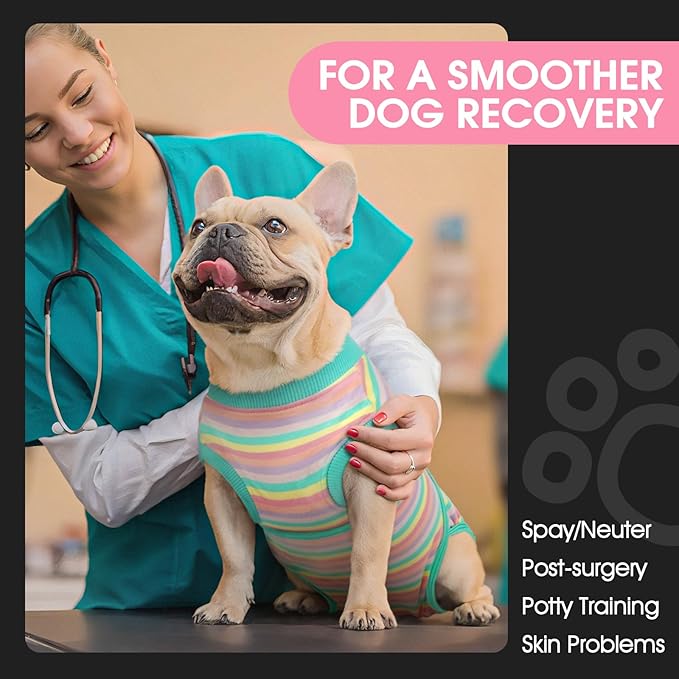 FUAMEY Recovery Suit for Dogs After Surgery,Soft Breathable Dog Bodysuit E-Collar & Cone Alternative Surgical Suit,Male Female Dog Neuter Spay Suits Anti Licking Wounds Onesie Mint Green Stripes S-PawvioPets