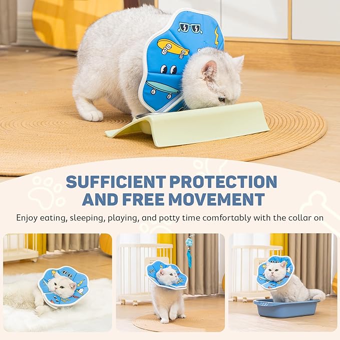 Avont Soft Cat Recovery Cone Collar, Adjustable Lightweight Kitten E-Collar for Small Dogs, Comfortable Neck Donut Stop Licking Scratching After Surgery -Skate(L)-PawvioPets