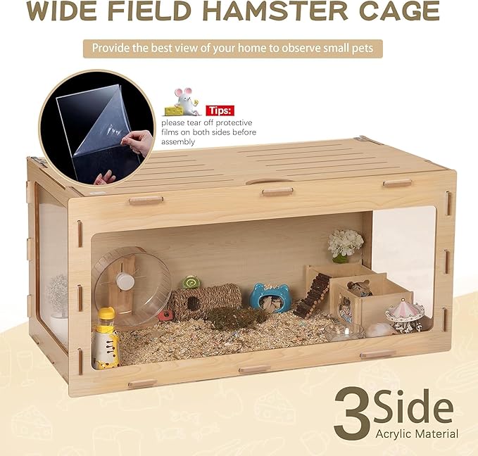 COZIWOW Wooden Hamster Cage Chewproof, Bigger World - 32" Large Hamster Cages and Habitats, Openable Top & 3 Side Acrylic Sheets, Small Animal Cage Pet House for Syrian Dwarf Guinea Pig Chinchilla-PawvioPets