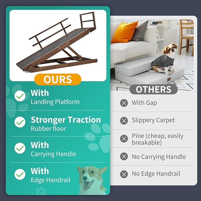 Dog Ramp, 5 Level Adjustable Height Folding Pet Ramp for High Bed, Portable Paw Ramps Large Bed Ramp for Medium & Large Old Dogs & Cats - Natural Wood Furniture Quality-PawvioPets