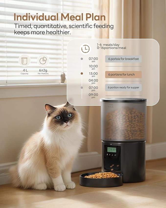Automatic Cat Feeder Food Dispenser: 4L Timed Small Dog Dry Food Dispenser with 10s Voice - Distributeur Nourriture Chat Hund Programmable - Auto Pet Feeder with 1-6 Meals Per Day-PawvioPets