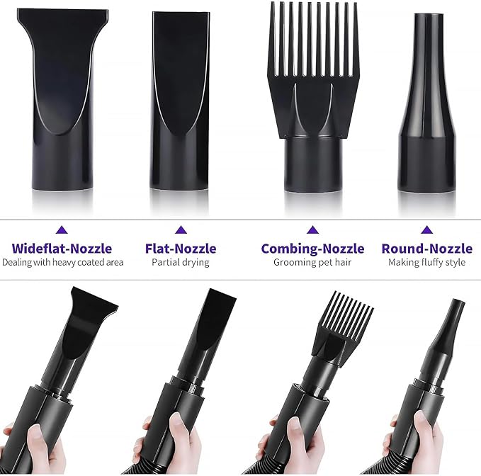 2400w 75m/s Dog Dryer for Pet Grooming, High Velocity Pet Hair Dryer with Heater, Adjustable Speed, 4 Nozzles and a Comb, Blue-PawvioPets