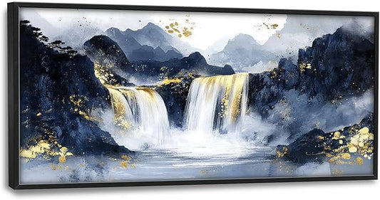 Extra Large Abstract Golden Waterfall Framed Wall Art for Living Room,Oversized Foggy Mountain Pictures Wall Decor,Canvas Print Painting Modern Artwork Bedroom Office Bathroom 60L" x 30W"-PawvioPets