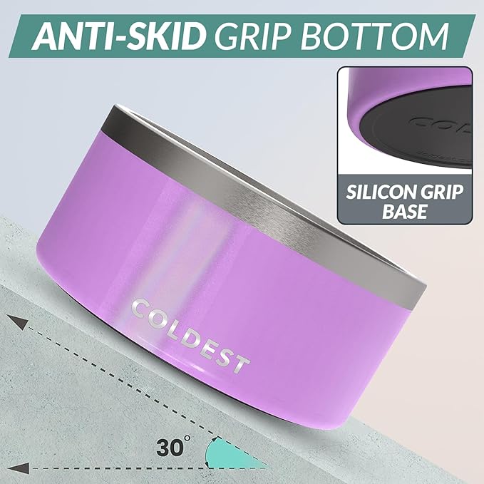 Coldest Dog Bowl - Anti Rust Metal, Non Slip, 3 Layers Insulated Stainless Steel Dog Bowls - Spill Proof & Heavy Duty - Water Bowl for Dogs, Cats, Dish Washer Safe (200 oz, Saturns Purple Glitter)-PawvioPets