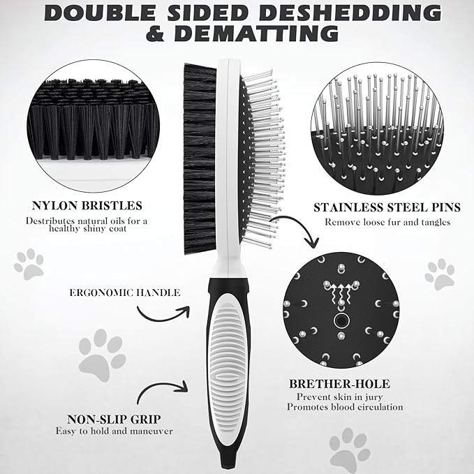 2PCS Pet Grooming Tools - Double-Sided Brush for Shedding and Bathing, Suitable for Short/Long Haired Dogs Cats and Horses, Deshedding Dog Brush, Mane & Tail Combs for Horses - Pet Supplies (White)-PawvioPets