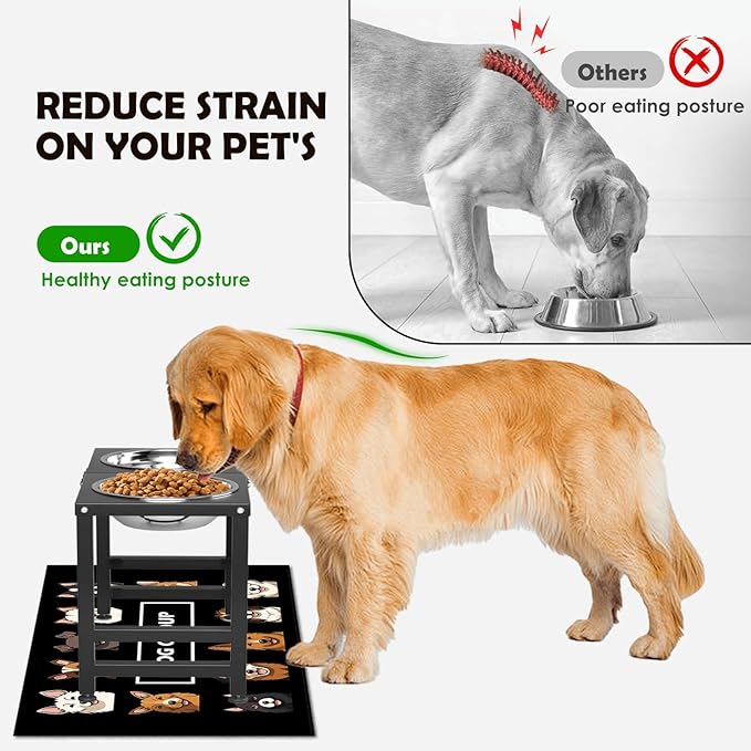 Elevated Dog Bowls,16inch Tall Pet Bowl Holder, Raised Bowl Stand with 2 Stainless Steel Bowls (68oz) and Spill-Proof Mat, Dog Feeder for Large Extra Large Breeds-PawvioPets