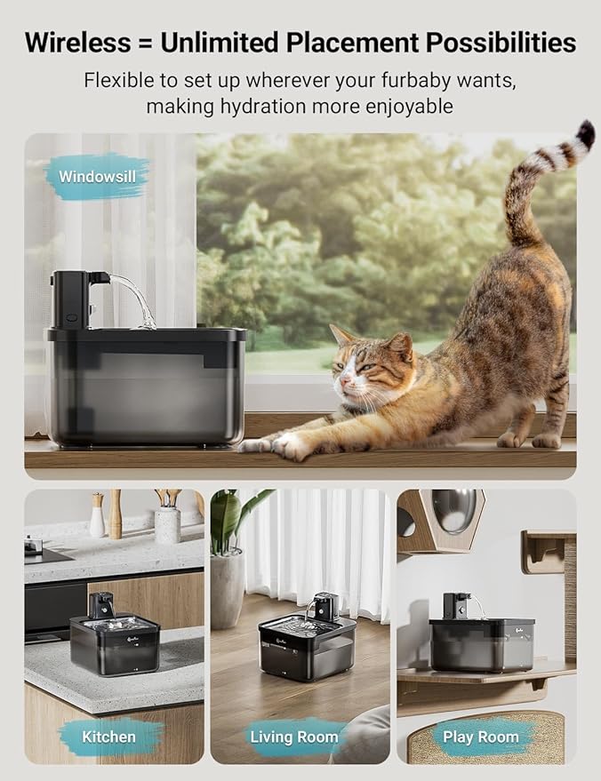 DownyPaws Cat Water Fountain Stainless Steel Cordless, 84oz/2.5L Fursink Wireless Pet Water Fountains for Cats Indoor, Battery Operated Cat Drinking Fountain, BPA-Free, Black with 6 Filters-PawvioPets