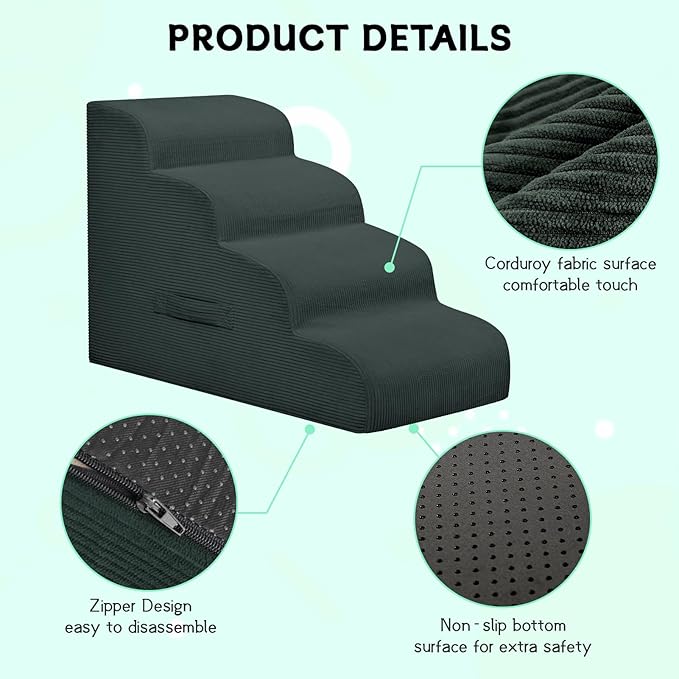 Dog Stairs Steps for High Bed, 4 Steps Pet Steps for Small Dogs Non-Slip Removable Washable Cover Ramp for Indoor Outdoor Car Couch Sofa, Dark Gray-PawvioPets