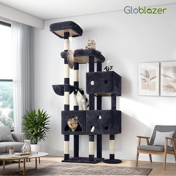 Globlazer Extra Large Cat Tower, 81-inch Tall Cat Tree for Big Cats 20 lbs, XXL Heavy Duty Cat Scratching Tower for Indoor Adult Cats with 3 Cat Condos, 8 Scratching Posts, F81, Dark Grey-PawvioPets