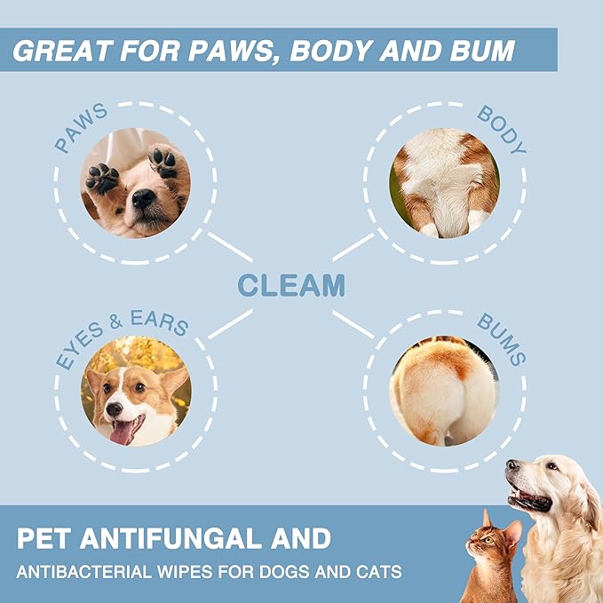 Antifungal and Antibacterial Wipes for Dogs & Cats, Dog Yeast Infection Treatment Wipes, All Natural Grooming Wipes for Cleaning, Help with Hot Spots, Ringworm, and Skin Infections, 160 Count-PawvioPets