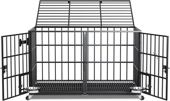 54 inch XL Dog Crate for Large Dog/Double Medium Dogs,Heavy Duty Metal Dog Cages,All Metal Open Top,Dog Kennel Indoor with Wheels,Floor Grid, Tray, Divider and Feeding Bowl-PawvioPets