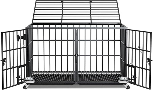 54 inch XL Dog Crate for Large Dog/Double Medium Dogs,Heavy Duty Metal Dog Cages,All Metal Open Top,Dog Kennel Indoor with Wheels,Floor Grid, Tray, Divider and Feeding Bowl-PawvioPets