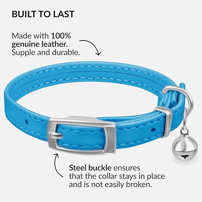 CollarDirect Leather Cat Collar with Bell - Kitten Collar, Small and Big Cat for Boy Cats, Girl Cats with Safety Elastic Strap (Neck Fit 6"-7", Light Blue)-PawvioPets
