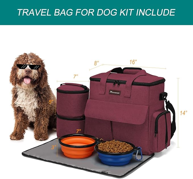 Airline Approved Pet Travel Bag, Weekend Travel Set for Dog and Cat, Airline Approved Tote Organizer with Multi-Function Pockets, 2 Dog Food Storage Containers, 2 Collapsible Bowls (Rose Red)-PawvioPets