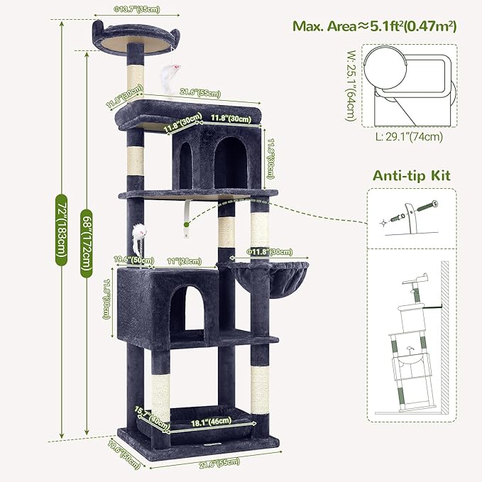 Globlazer Heavy Duty Cat Trees for Large Cats, Sturdy 72in Maine Coon Cat Tree for Large Cats 20 lbs+ Heavy Duty Cat Tower for Adult Biggest Cat with 6 Scratching Posts, Hammock, S72, Smoky Gray-PawvioPets