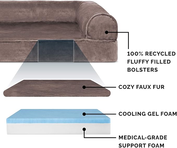 Furhaven Cooling Gel Dog Bed for Large Dogs w/ Removable Bolsters & Washable Cover, For Dogs Up to 125 lbs - Faux Fur & Velvet Sofa - Driftwood Brown, Jumbo Plus/XXL-PawvioPets