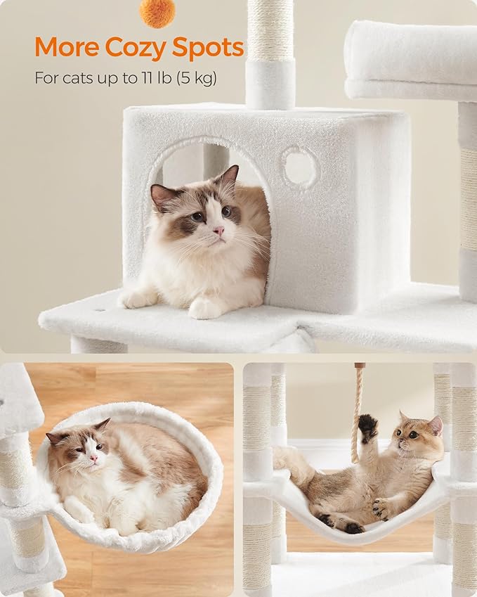 Feandrea Cat Tree, 66.1-Inch Large Cat Tower with 13 Scratching Posts, 2 Perches, 2 Caves, Basket, Hammock, Pompoms, Multi-Level Plush Cat Condo for Indoor Cats, Cream White UPCT165T01-PawvioPets