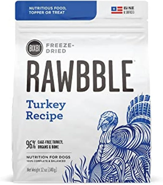BIXBI Rawbble Freeze Dried Dog Food, Turkey Recipe, 12 oz - 96% Meat and Organs, No Fillers - Pantry-Friendly Raw Dog Food for Meal, Treat or Food Topper - USA Made in Small Batches-PawvioPets