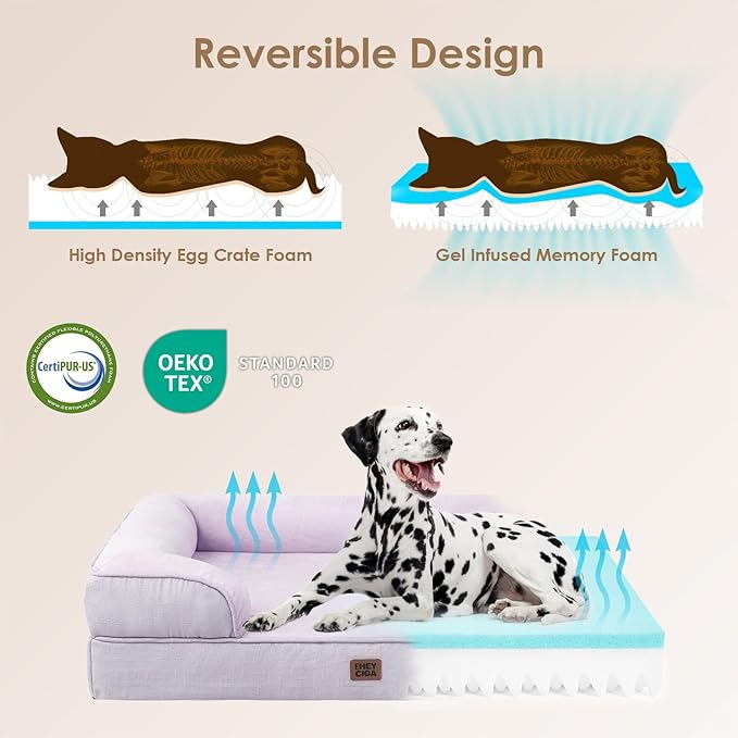 EHEYCIGA Orthopedic Dog Beds for Large Dogs, Waterproof Memory Foam Large Pet Bed with Sides, Non-Slip Bottom and Egg-Crate Foam Dog Couch Bed with Washable Removable Cover, Lilac-PawvioPets