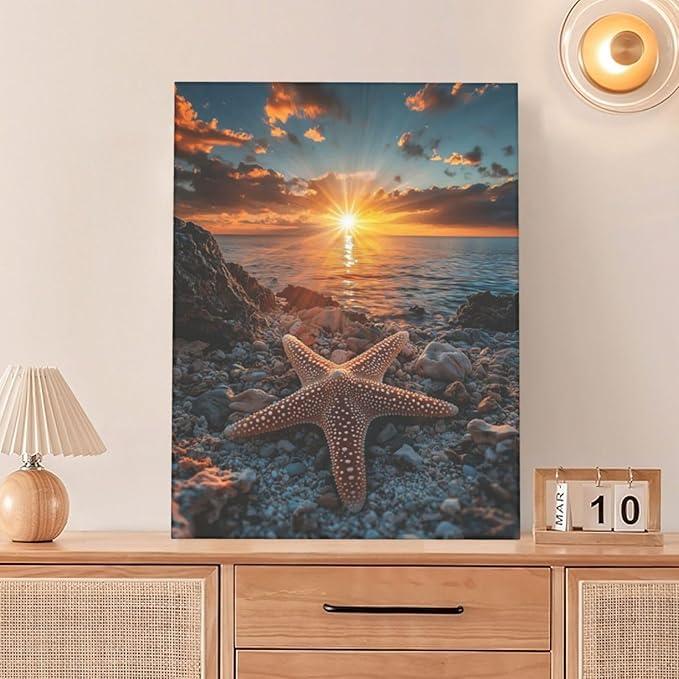 Beach Starfish Wall Decor Ocean Starfish Wall Art Sunset Scenery Coastal Theme Pictures Canvas Nature Seascape Painting Print Framed Artwork Decorations for Home Bathroom Living Room Bedroom Office 12"x16"-PawvioPets