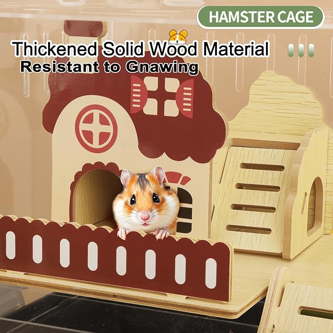 8 in 1 Clear Acrylic Hamster Cage with All Accessories,13.5''L* 10''W* 13''H Dwarf Hamster Cage,Small Hamster Habitat,Garden Style Mouse Cage for Pet Mice,Hamster Enclosure with Stairs(1-Layer)-PawvioPets