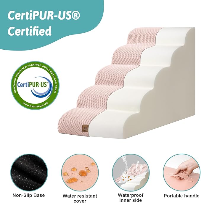 Dog Stairs for High Bed 22.6" H, Small Dog Step for Puppy, Older or Cat, Curved Ramp for Car, Ladder with High Density Foam, Lightweight, Durable, 15.7x33x22.6 inch, 5 Step, Pink-PawvioPets