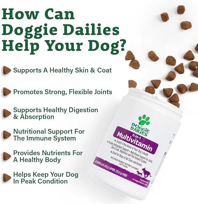 Doggie Dailies 5 in 1 Multivitamin for Dogs, Dog Multivitamin for Skin and Coat Health, Joint Health, Improved Digestion, Antioxidants, Support a Healthy Immune System (Peanut Butter) 225 Soft Chews-PawvioPets