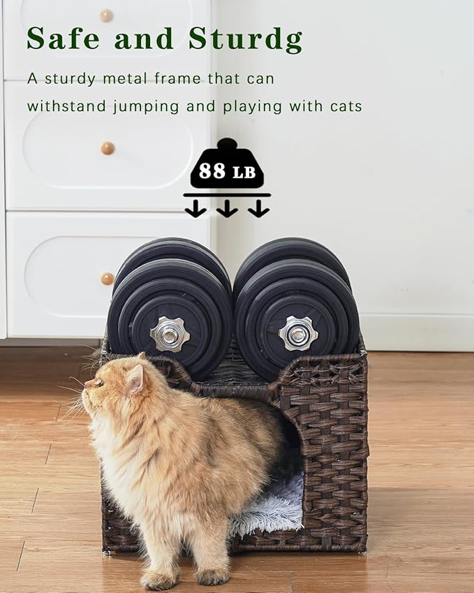 Cat Beds Indoor Kitten House, Handwoven Rattan Cat Cave Pet Cube, Large Cat Houses, One Bed Mat, Foldable, Hideaway, 16.5x16.5x13.2 Inches, 2 S-Shaped Hooks in Living Room Bedroom Brown-PawvioPets
