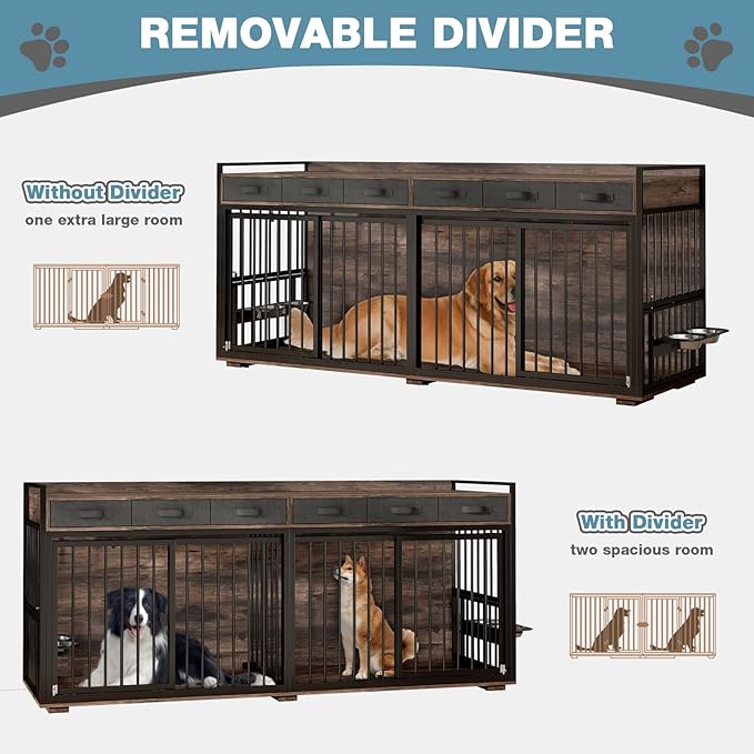 86.6Inch Large Double Dog Crate Furniture,Heavy Duty Metal Frame Dog Crate Kennel with Adjustable Feeder Bowls and Removable Divider&Drawers,Chew-Resistant Dog Kennel for 2 Dogs Indoor-PawvioPets