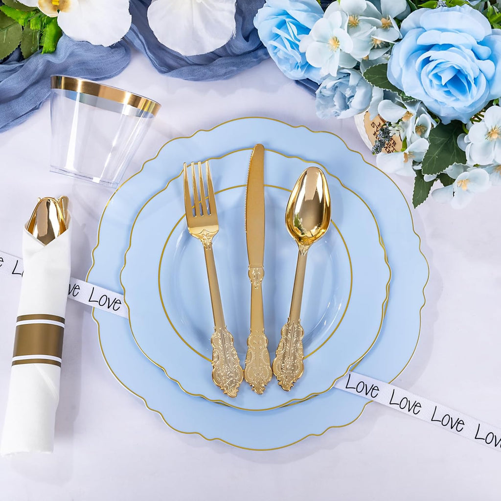 Liacere 350PCS Bule Plastic Plates - Disposable Bule and Gold Plates 50guest Baroque Plastic Dinnerware include 100Plates, 50Pack Pre Rolled Napkins with Silverware 50Cups for Wedding&Mother's Day